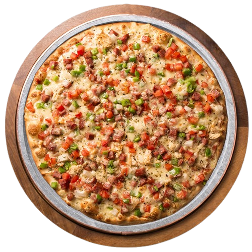 Pizza de Empório; Ingredientes: Mozarela, frango desfiado, calabresa, tomate, cebola, pimentão cobertos com mozarela e orégano