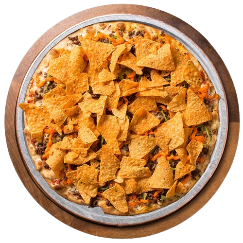 Pizza de Mexicana; Ingredientes: Mozarela, carne moída, pimenta chilli, pimenta cambuci, cheddar cremoso, tortilhas de milho sem glúten e orégano