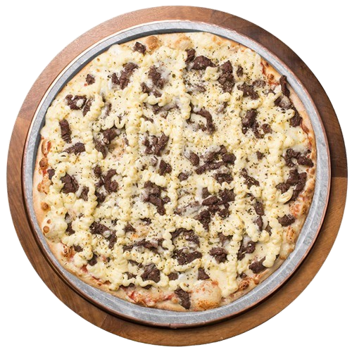 Pizza de Mignon com catupiry; Ingredientes: Mozarela, tiras de mignon e catupiry cobertos com mozarela e orégano