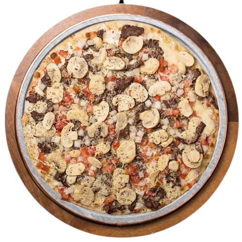 Pizza de Mignon especial; Ingredientes: Mozarela, tiras de mignon, cebola, tomate, champignon, parmesão e orégano